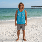 Dude wearing a blue turtle flag tank top with a graphic design on a beach