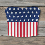 Bandeau top with American flag design on a rustic wood background