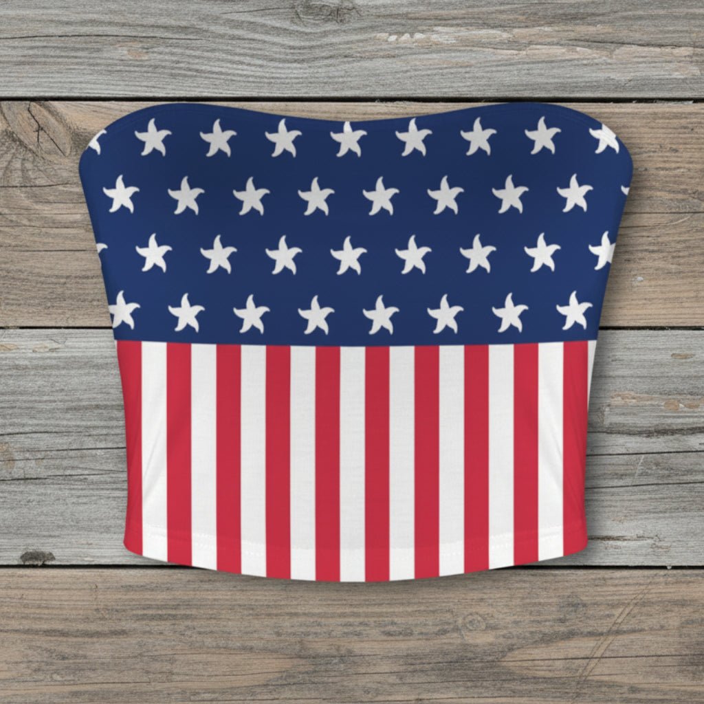 Bandeau top with American flag design on a rustic wood background