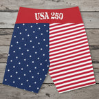 Backside of USA-themed shorts with red, white, and blue design and USA 250 on honor of America's 250th Anniversary this July 2026