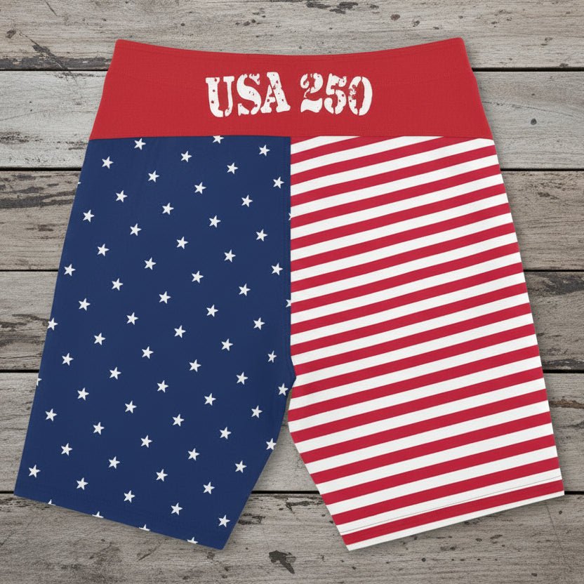 Backside of USA-themed shorts with red, white, and blue design and USA 250 on honor of America's 250th Anniversary this July 2026