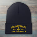 Black beanie with USN 1775-2025 on a rustic wood background