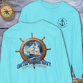 Light blue long-sleeve Comfort Color T-Shirt with United States Navy 250th Anniversary design on a wooden surface.