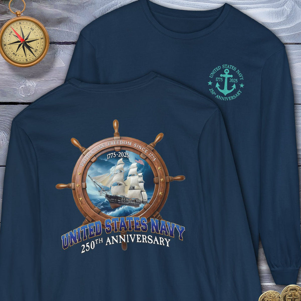Navy blue long-sleeve shirt with United States Navy 250th Anniversary design on a wooden surface.