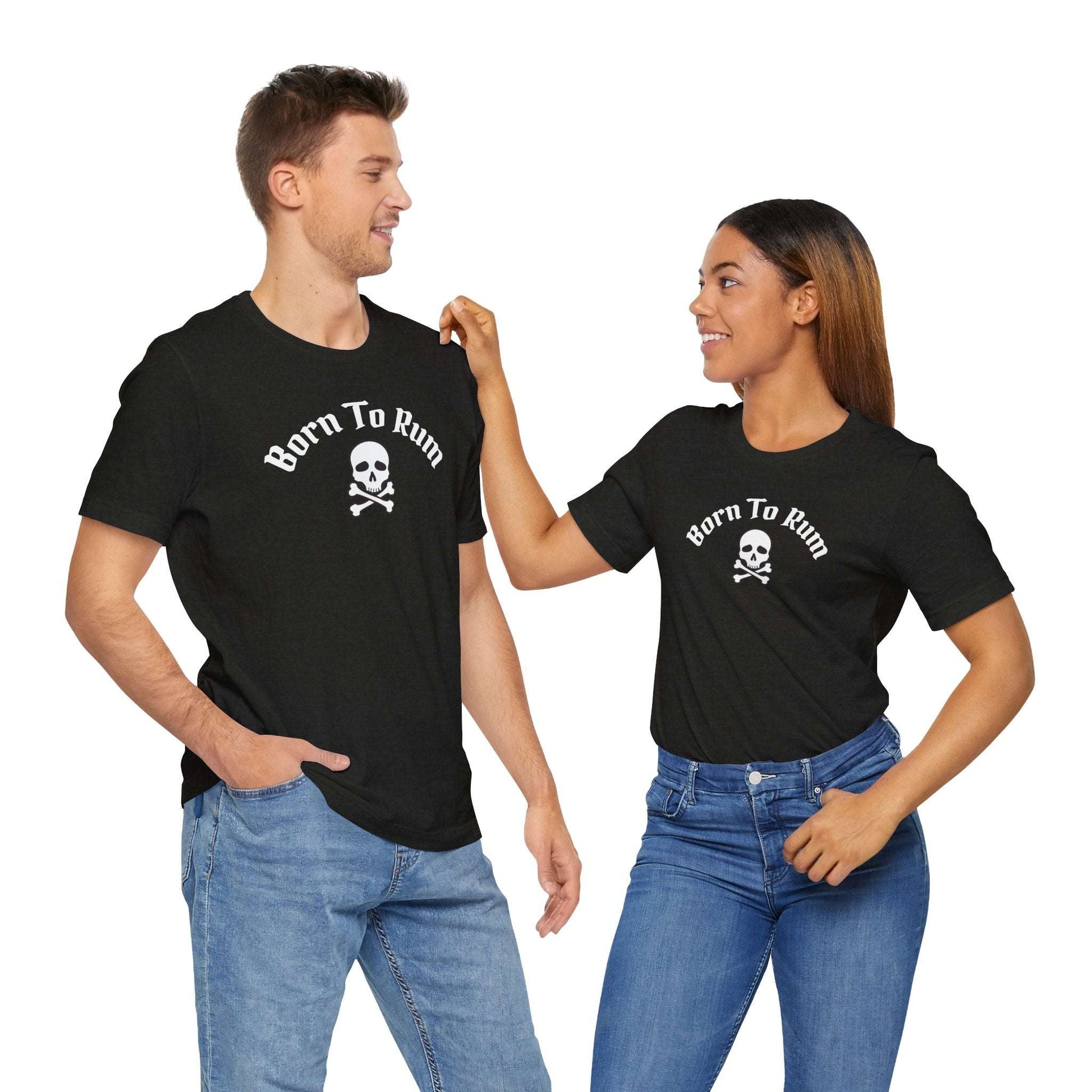 Born to Rum Jolly Roger Pirate Skull T-Shirt, unisex casual wear for pirate-themed parties and relaxed gatherings.