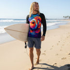 Man holding a surfboard on a beach wearing a long sleeve rash guard with a colorful clown fish design.