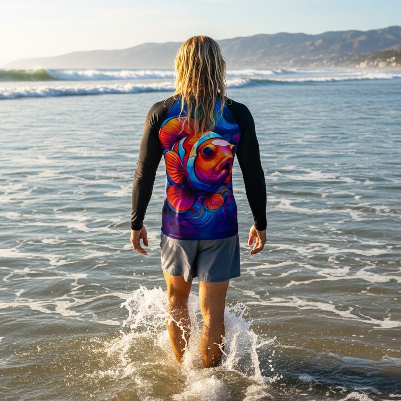 Surfer dude wearing a colorful fish-themed shirt walking in ocean waves with mountains in the background near Ventura Beach