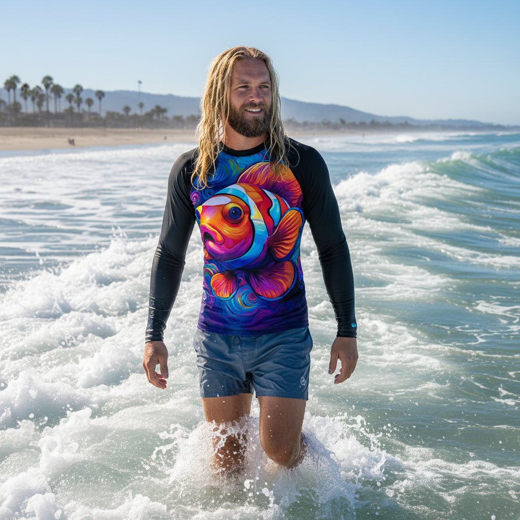 Surfer dude with long stringy blond hair walking through the waves in Ventura Beach wearing a colorful Clown fish-themed