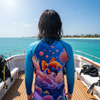 A tween dude viewed from behind wearing a long-sleeve diving with a colorful clownfish and coral print, standing on a wooden deck of a boat with turquoise water of Vero Beach in the background.