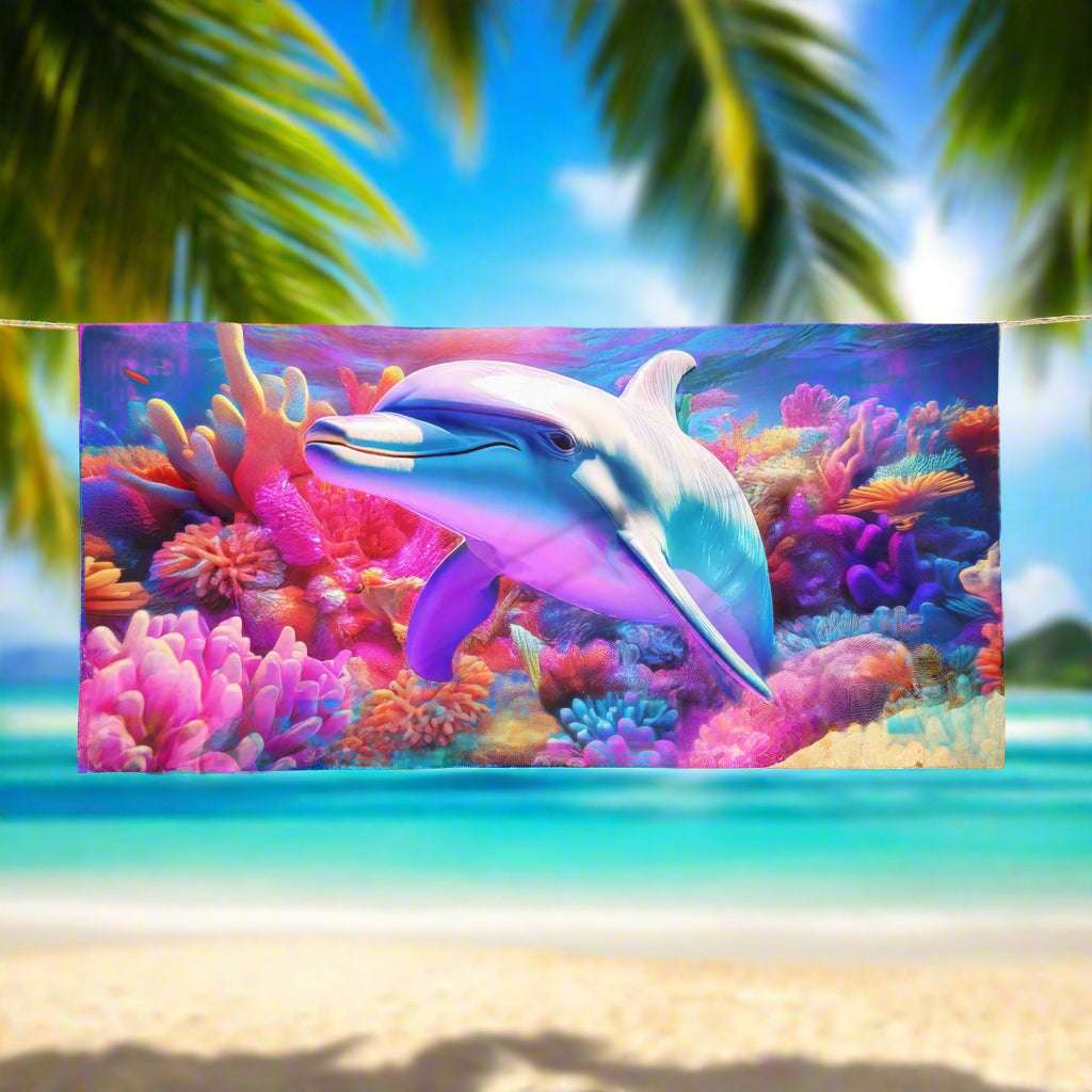 Beach Towel with vibrant dolphin art hanging on a line near the beach on an surfer's island getaway. 