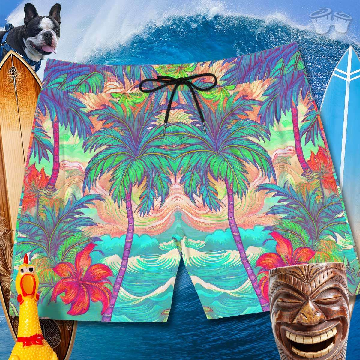 Island vintage swim shorts for guys with black drawstring