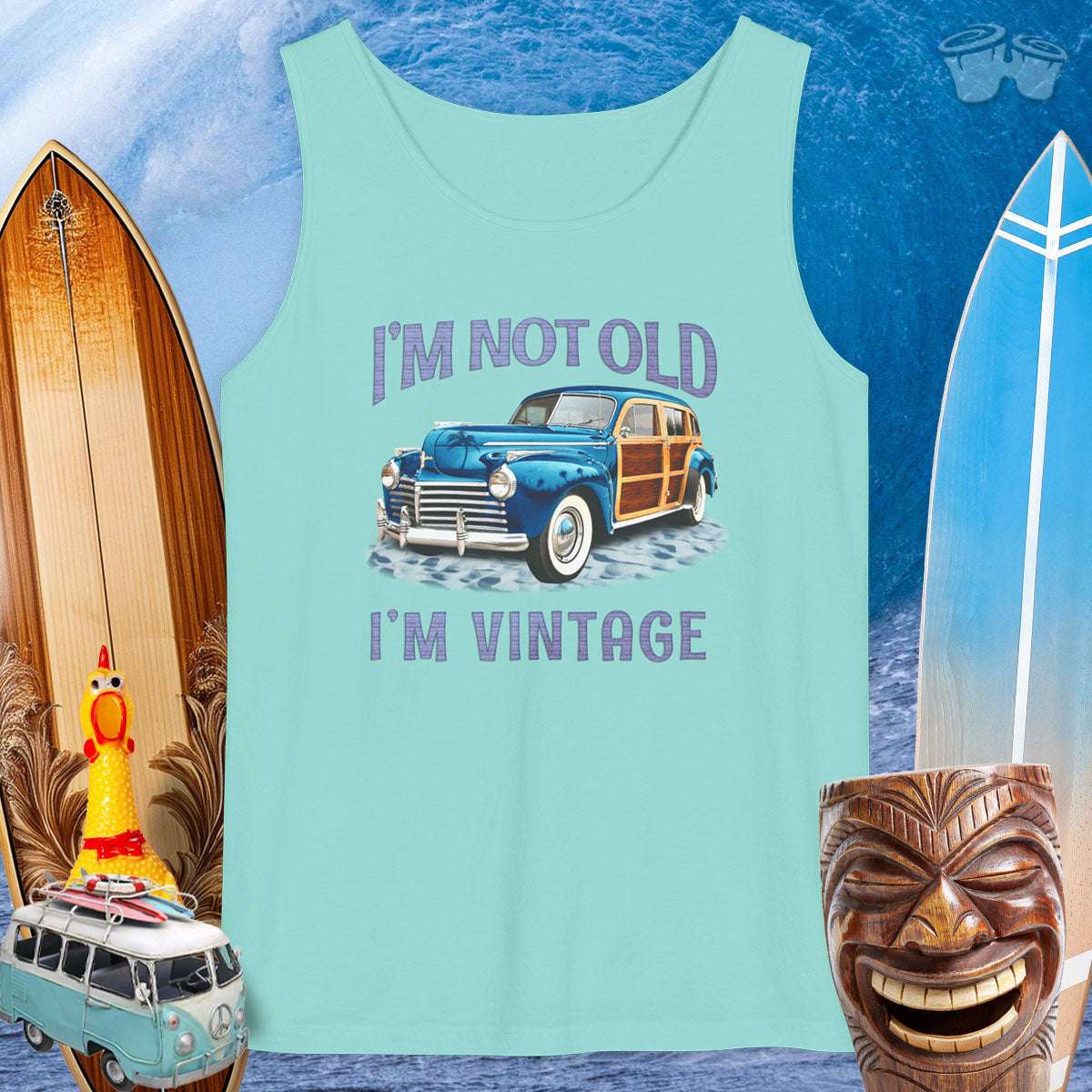 Surf Wagon tank top with fun quote 'I'm not Old, I'm Vintage', ideal for beachgoers and car lovers.