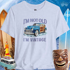 Vintage Cars | Woody Surf Wagon T-Shirt 🤙T-Shirt Over a Surfing Background with surfboards Beach wagons and a Rubber Chicken