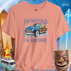 Vintage Cars | Woody Surf Wagon T-Shirt 🤙T-Shirt Over a Surfing Background with surfboards Beach wagons and a Rubber Chicken