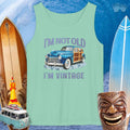 Surf Wagon vintage tank top with 'I'm not Old, I'm Vintage' and surfboards, perfect for beach outings.
