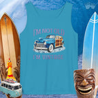 Surf Wagon vintage car tank top with beach theme, 'I'm not Old, I'm Vintage' print, perfect for summer fun.