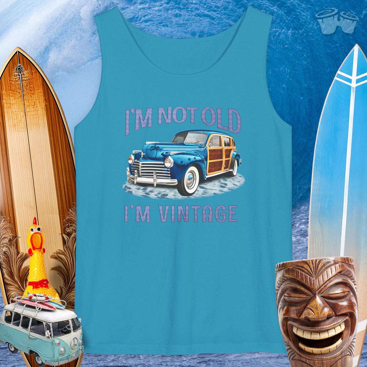 Surf Wagon vintage car tank top with beach theme, 'I'm not Old, I'm Vintage' print, perfect for summer fun.