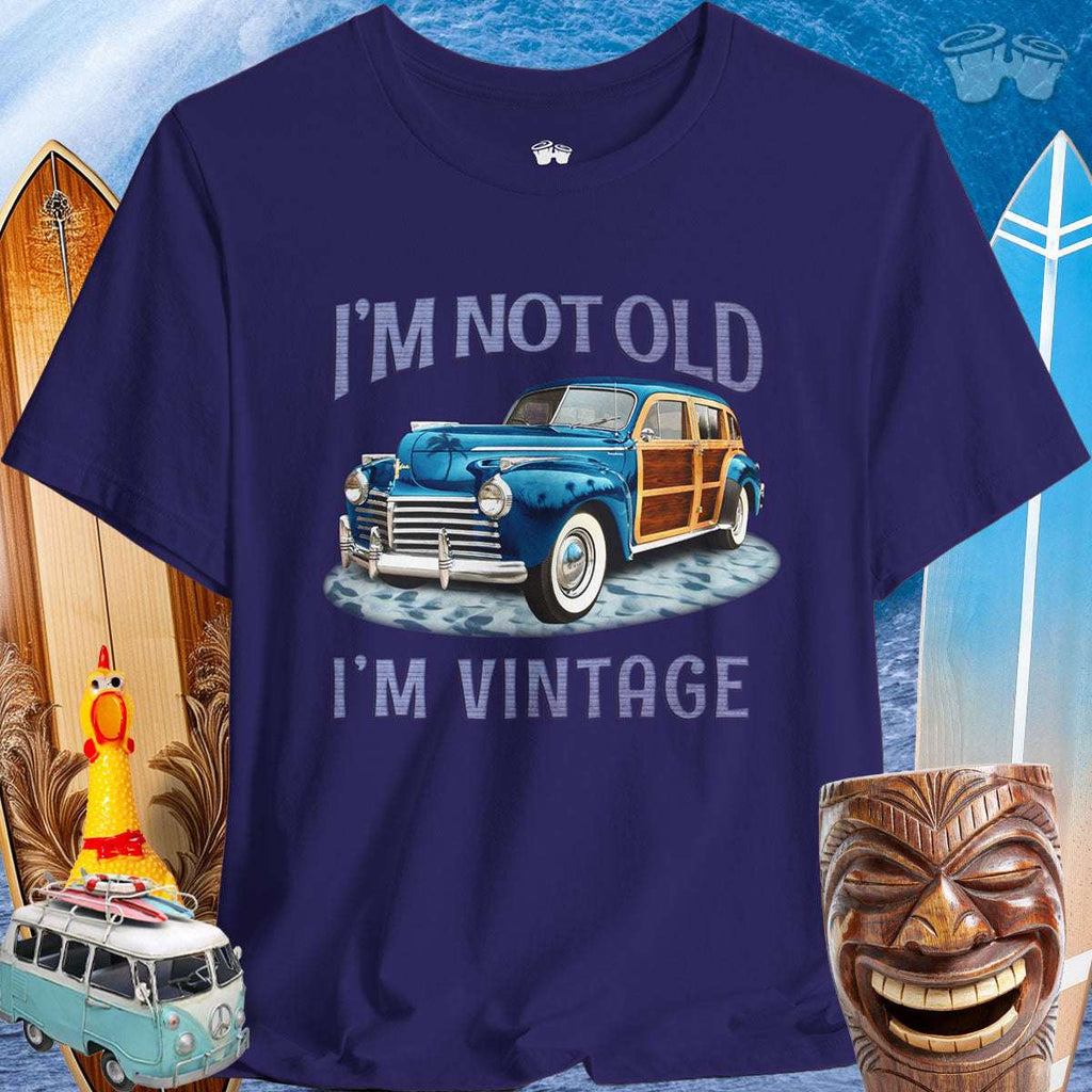 Vintage Cars | Woody Beach Wagon T-Shirt 🤙T-Shirt Over a Surfing Background with surfboards Beach wagons and a Rubber Chicken