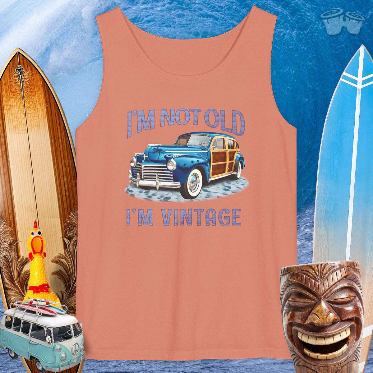 Garment dyed tank top with vintage surf wagon design, funny beach vibe, perfect for summer fun!