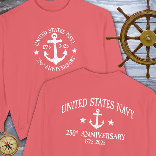 Red t-shirt with 'United States Navy 250th Anniversary' design on a wooden background with a ship's wheel and compass.