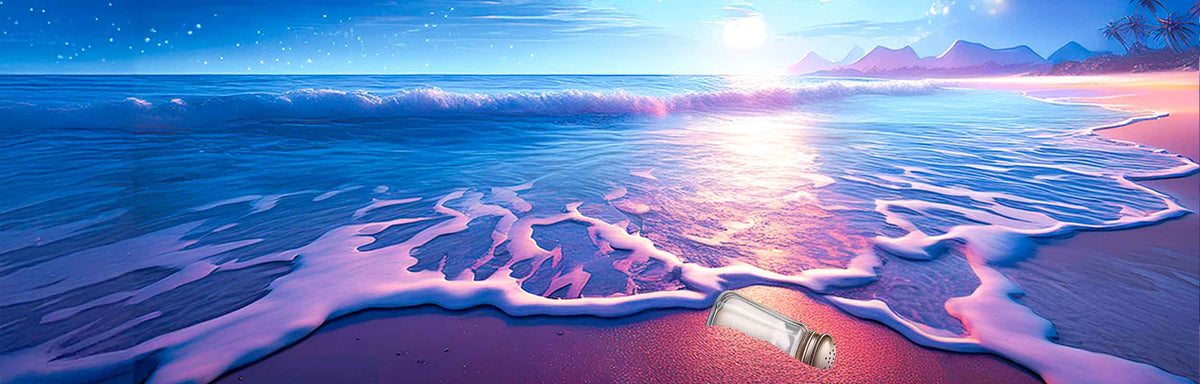 An empty Caribbean beach at dawn and a half buried shaker of salt salt salt
