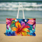 Oversized tote bag with Hawaiian style flowers sitting on the beach in Waikiki