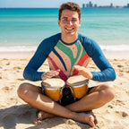 Person wearing a colorful long-sleeve shirt with abstract design playing bongos on West Palm Beach