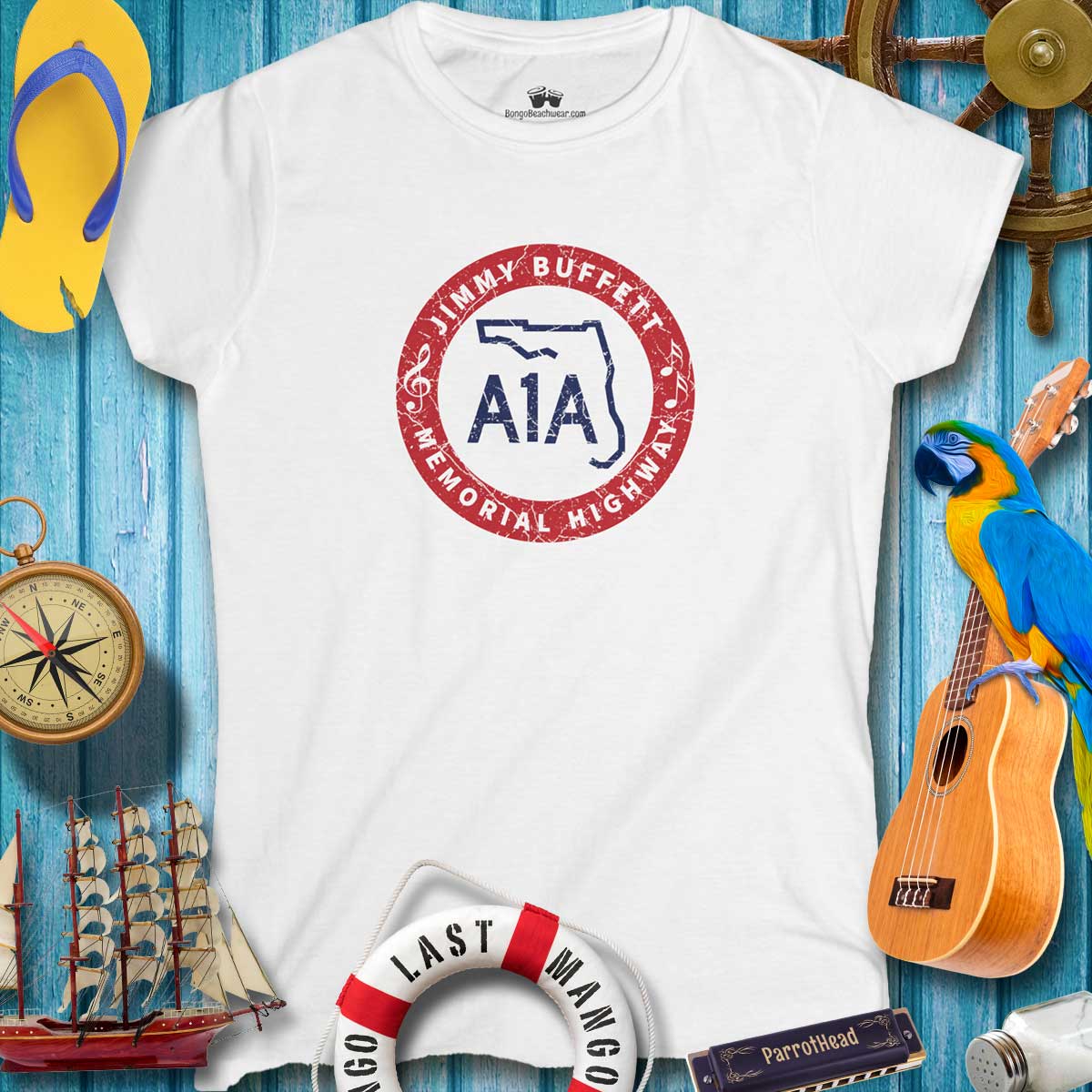 Women's Jimmy Buffett A1A Highway Sign Tee, perfect for summer beach days and casual outings.