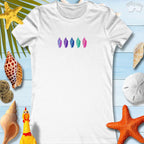 Colorful Junonia seashells design on white women's tee, perfect for beach outings and summer vacations.