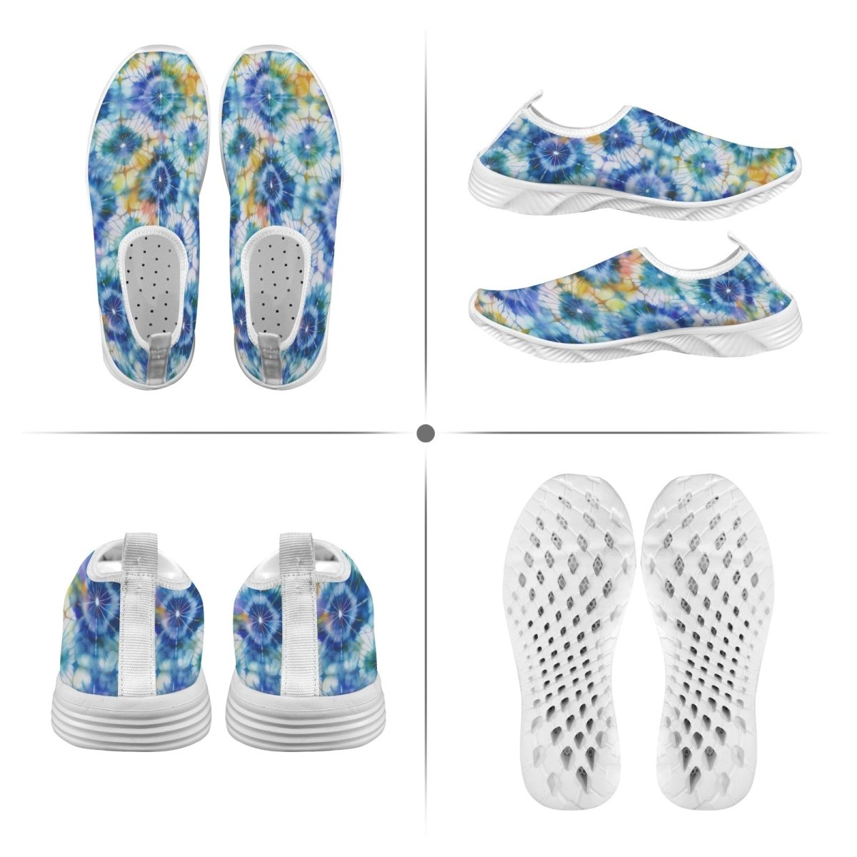 A four-panel product collage showing a pair of slip-on water shoes from multiple angles: top-down, side, and sole views. The shoes have a blue, white, and yellow shibori-tie-dye pattern on the upper with white mesh-like soles.