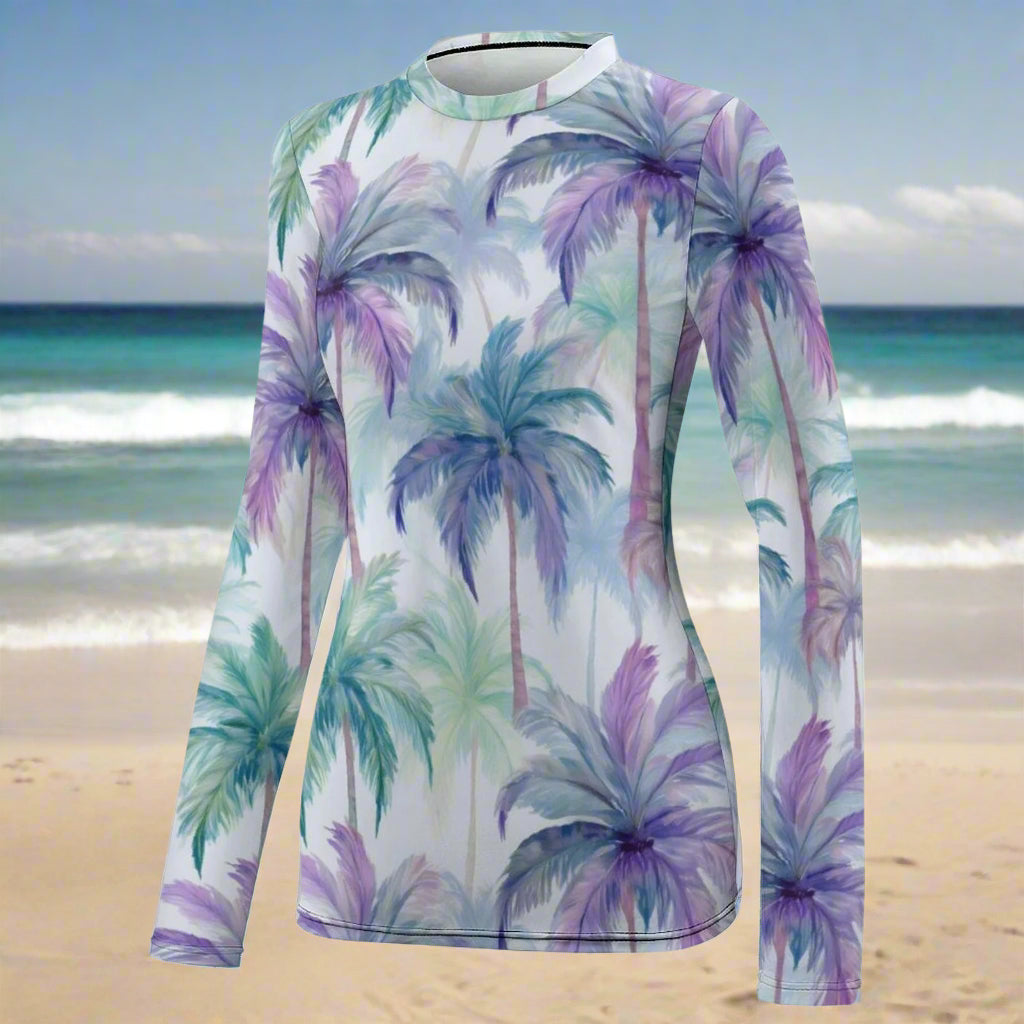 Long-sleeve shirt with palm tree pattern on a beach background