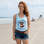 Woman wearing an American Parrot-Head tank top with a graphic design on Daytona beach