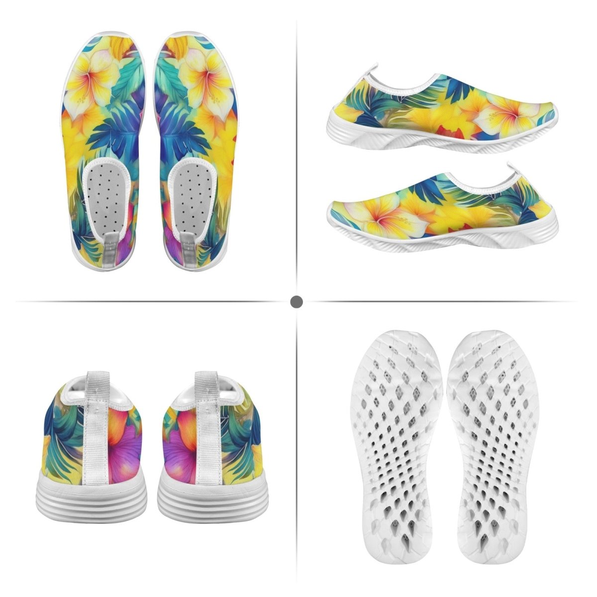 A four-panel product collage showing tropical floral slip-on shoes from multiple angles: top, side, back, and sole views. The shoes have a bright multicolor print with yellow, blue, green, purple, and pink flowers and leaves, plus thick white soles and white footbeds.