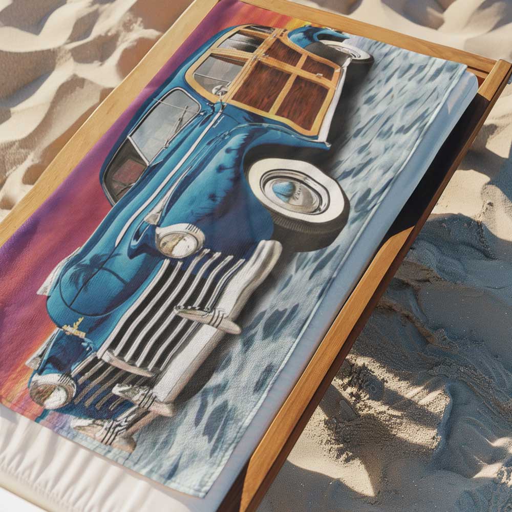 Classic woody beach cruiser beach towel on a lounge chair on the beach