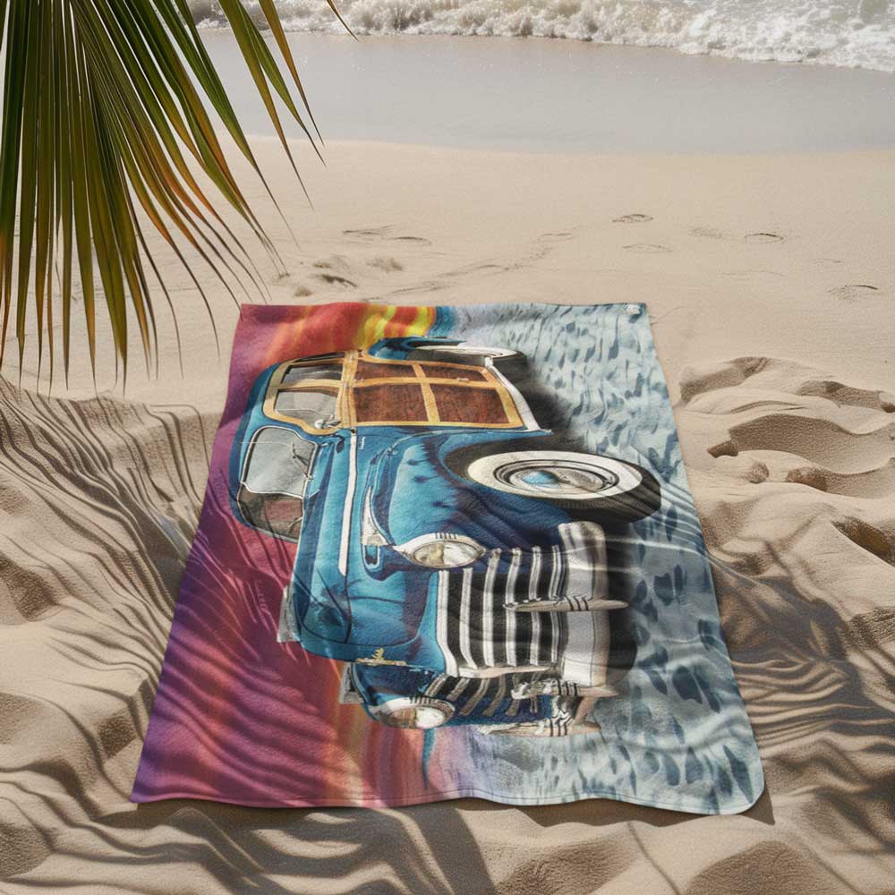 Vintage Wood Wagon Beach Towel laying in the sand under a palm tree