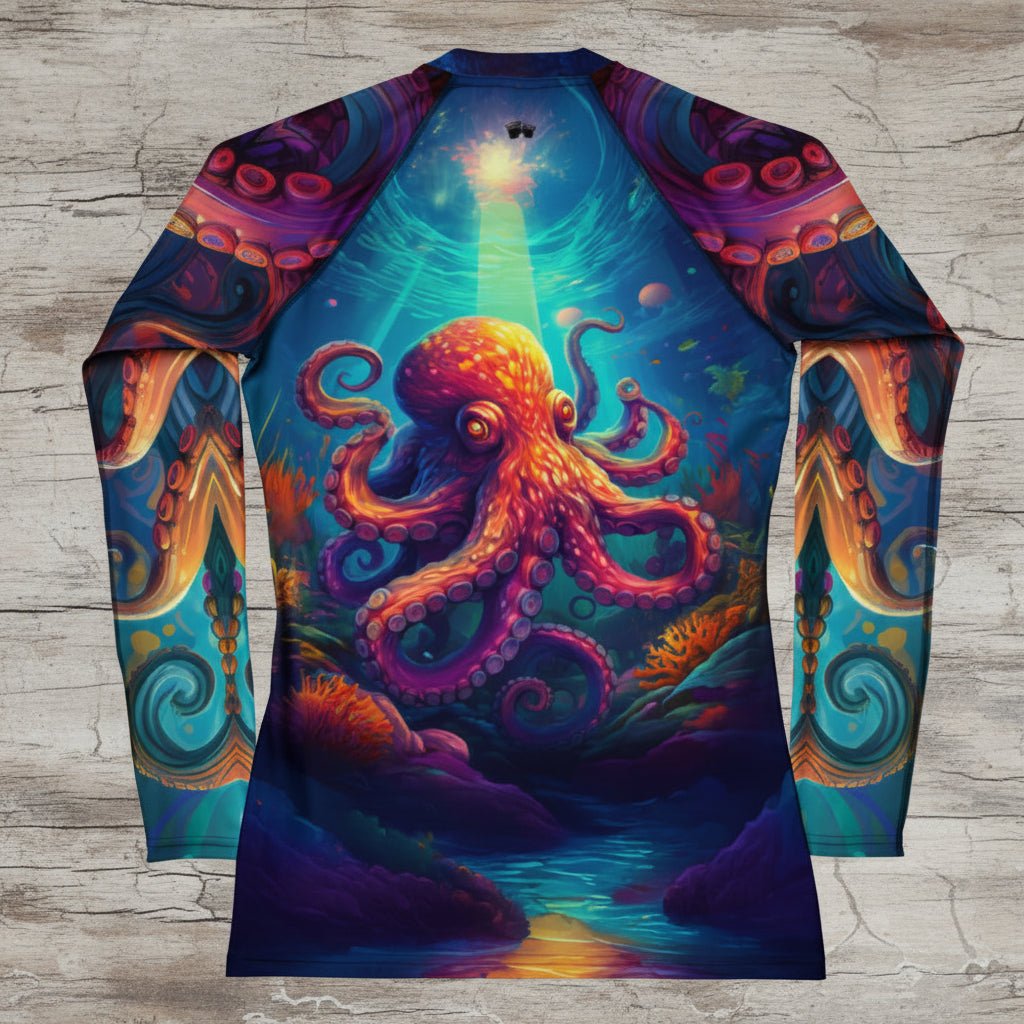 Colorful long-sleeve swimming shirt with an octopus design on a rustic wood background