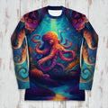 Colorful long-sleeve rash guard with an octopus design on a rustic wood background