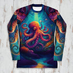 Colorful long-sleeve rash guard with an octopus design on a rustic wood background