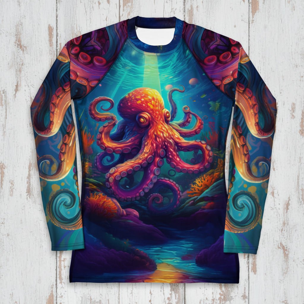 Colorful long-sleeve rash guard with an octopus design on a rustic wood background