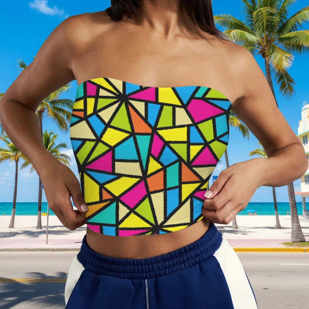 Colorful Abstract Art Tube Top worn by a swimwear model on Miami's South Beach