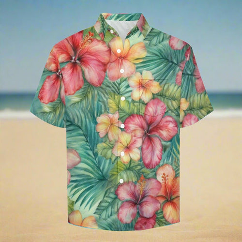 Hawaiian Aloha shirt with tropical floral design on a beach background