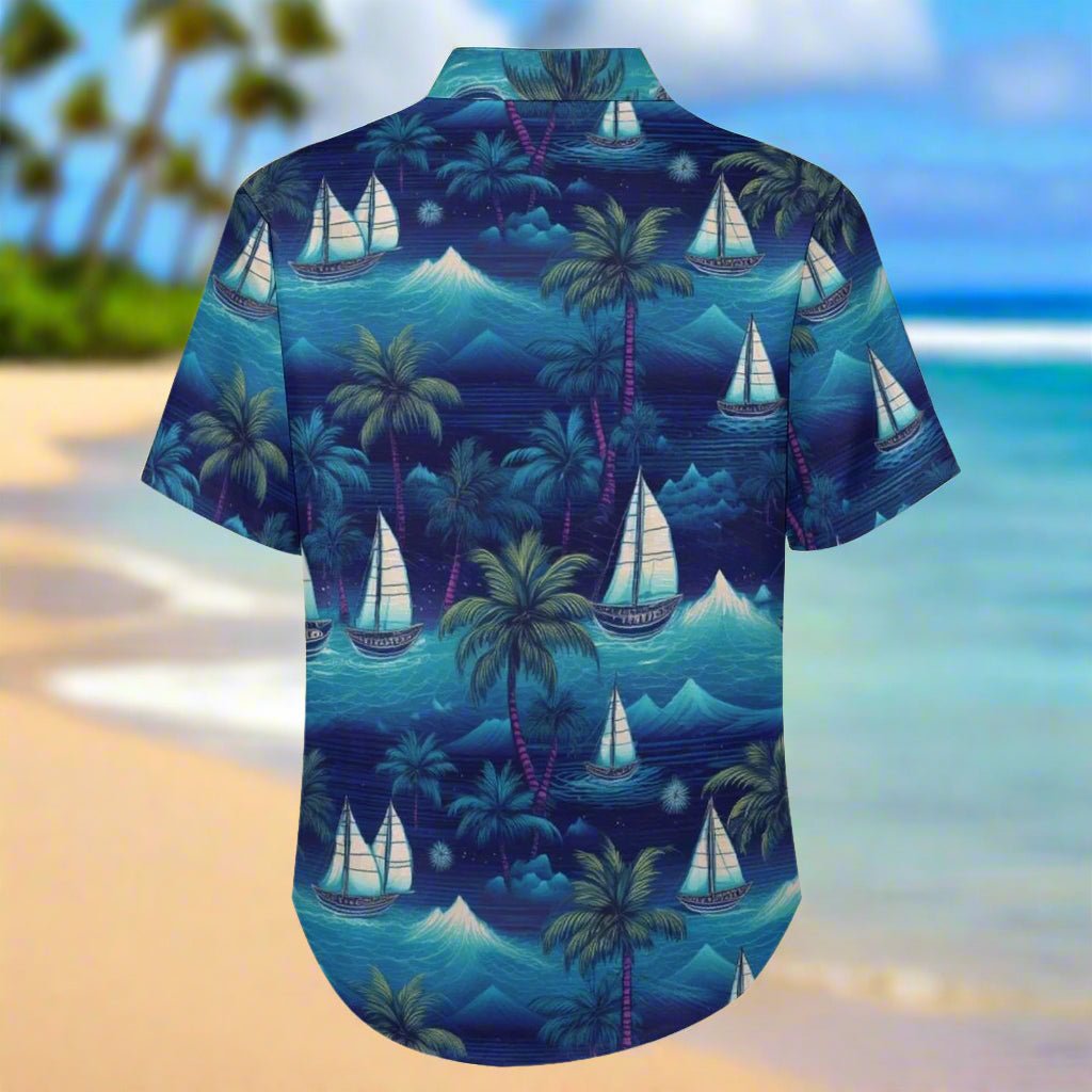 Hawaiian shirt back with sailboat and palm tree pattern on a Maui Beach background