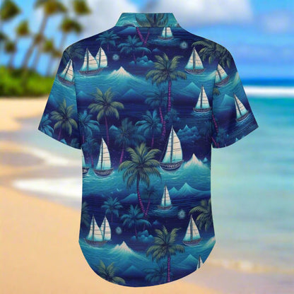 Hawaiian shirt back with sailboat and palm tree pattern on a Maui Beach background