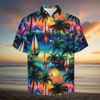 Hawaiian shirt with tropical design featuring palm trees and sailboats on sunset bay.