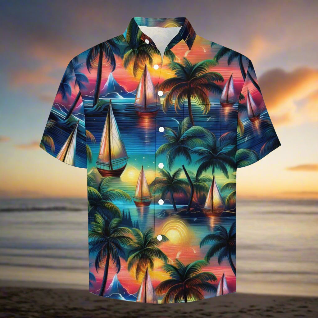 Hawaiian shirt with tropical design featuring palm trees and sailboats on sunset bay.