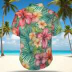 Hawaiian shirt with tropical floral pattern on a beach background