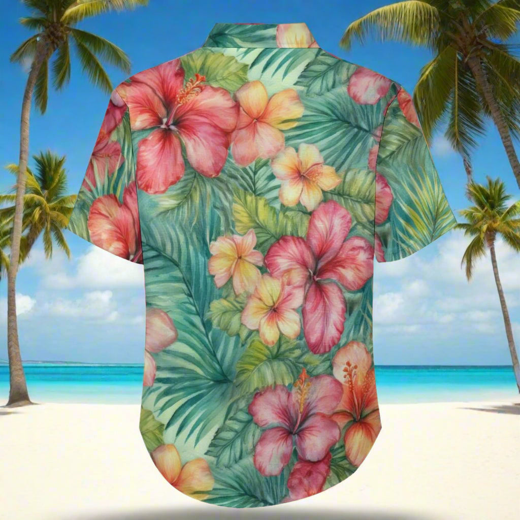 Hawaiian shirt with tropical floral pattern on a beach background