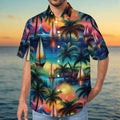 Dude wearing a colorful shirt with tropical design featuring palm trees and sailboats on an Island bay at sunset.