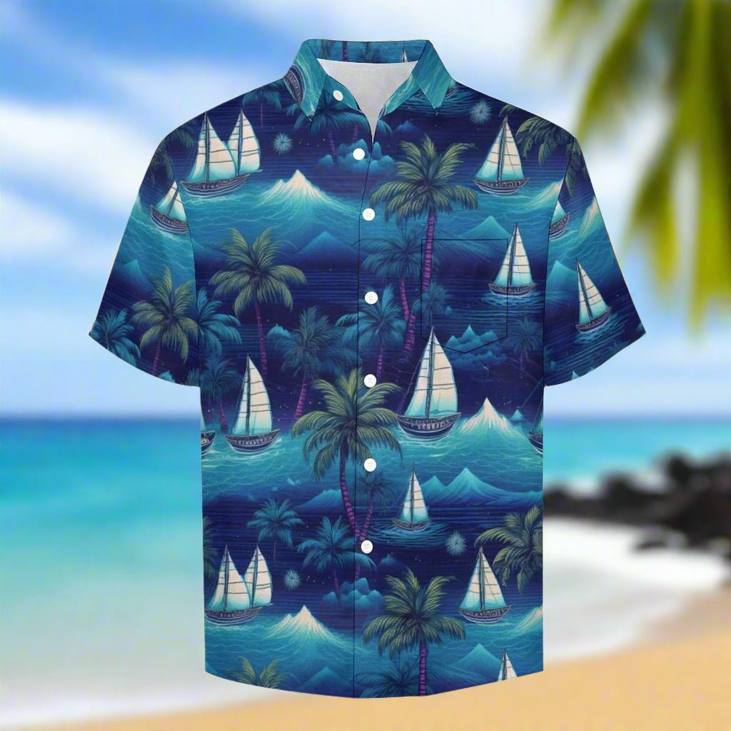 Hawaiian shirt with tropical design featuring sailboats and palm trees on a beach background.