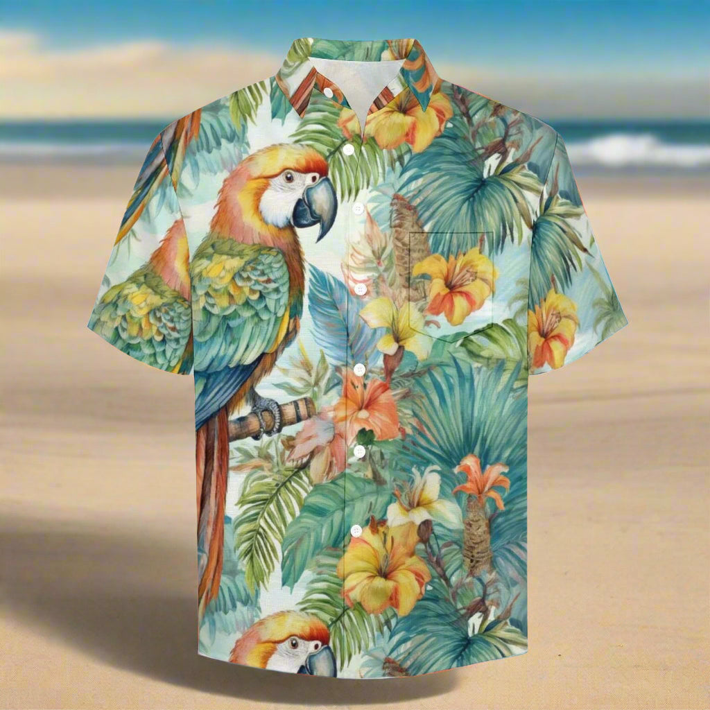 Hawaiian Aloha shirt with parrot and tropical leaf design on a beach background